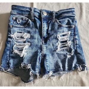American Eagle High Rise Shortie Jean Shorts Stretch Distressed Denim Size 00